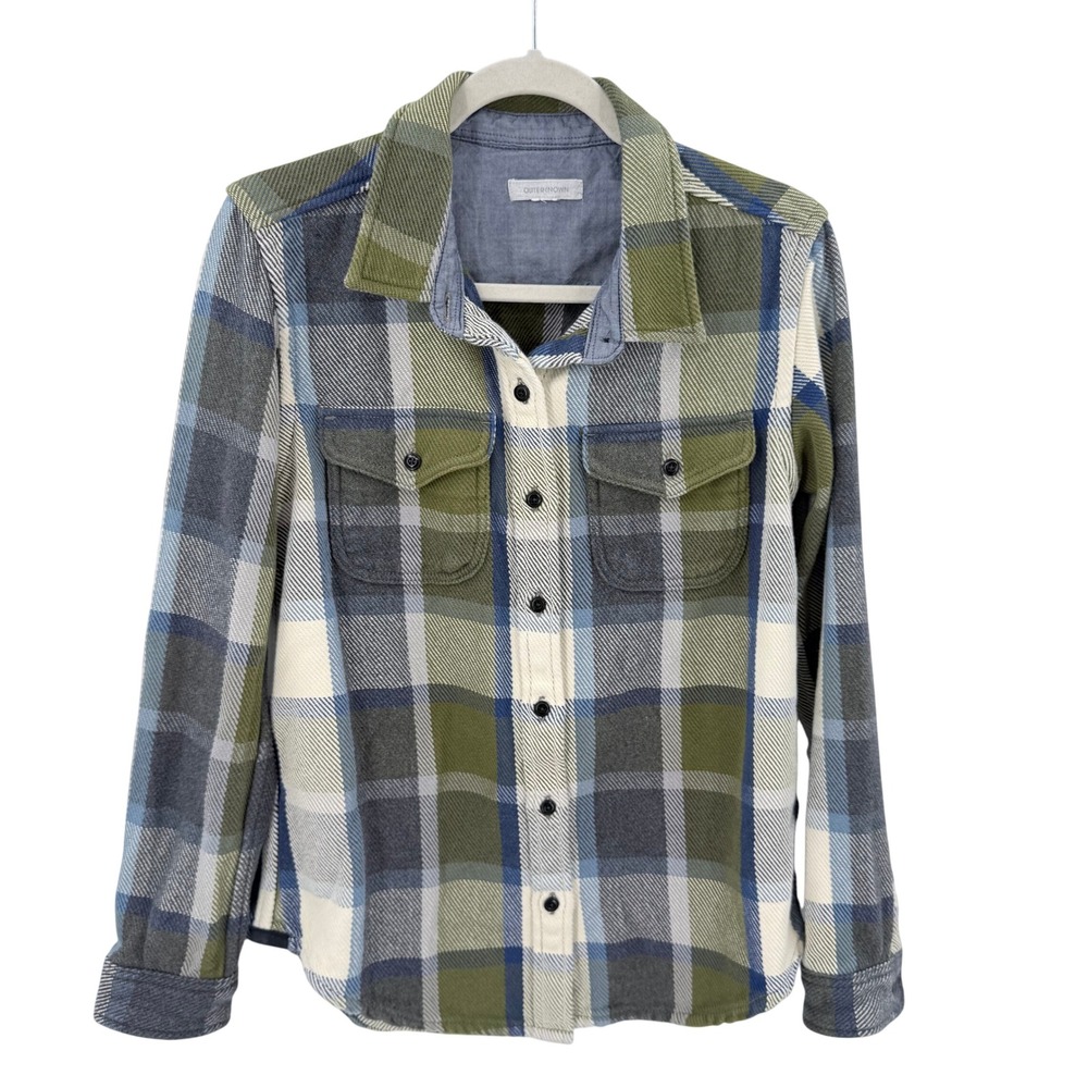 Outerknown Blanket Shirt Green Blue Plaid Organic Cotton Flannel XS/S